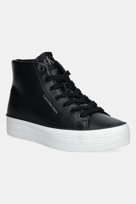 Calvin Klein Jeans teniși de piele BOLD VULC FLATF MID LTH IN femei, culoarea negru, YW0YW01634