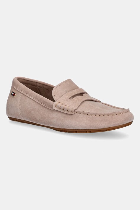 Semišové mokasíny Tommy Hilfiger FLAG SOFT SUEDE DRIVER LOAFER dámské, béžová barva, na plochém podpatku, FW0FW08558