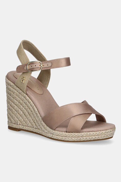 Tommy Hilfiger sandale SATIN HIGH WEDGE ESPADRILLE culoarea bej, FW0FW08602