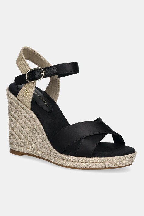 Sandály Tommy Hilfiger SATIN HIGH WEDGE ESPADRILLE černá barva, FW0FW08602