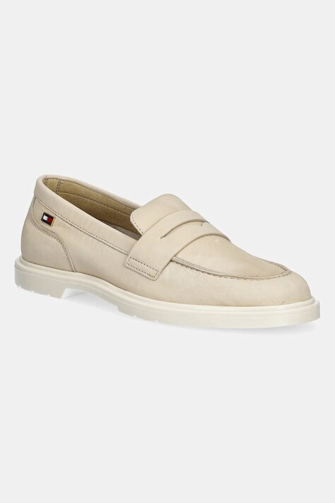 Nubukové mokasíny Tommy Hilfiger FLAG SOFT NUBUCK LOAFER béžová barva, na plochém podpatku, FW0FW08679