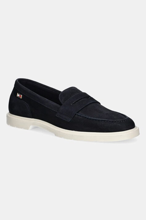 Mokasinke od nubuk kože Tommy Hilfiger FLAG SOFT NUBUCK LOAFER za žene, boja: tamno plava, ravni potplat, FW0FW08679
