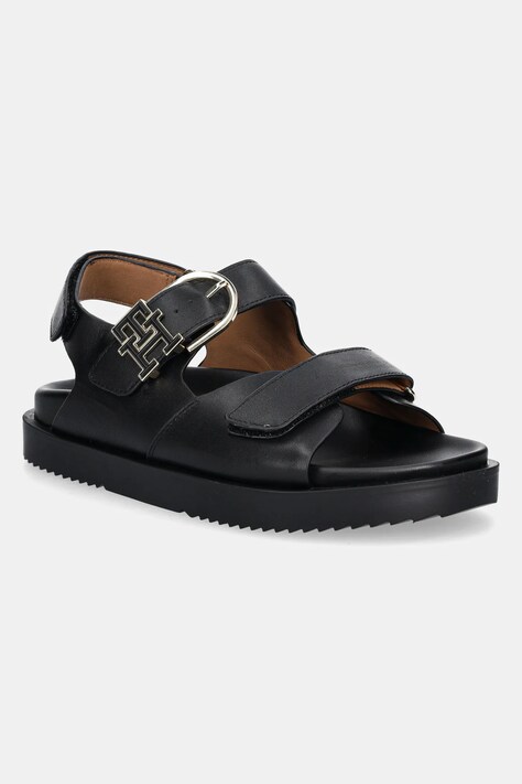 Kožené sandály Tommy Hilfiger LEATHER SPORTY SANDAL dámské, černá barva, FW0FW08799