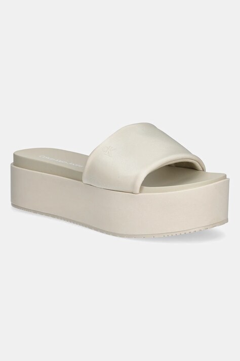 Pantofle Calvin Klein Jeans FLATFORM SANDAL SLIDE IN NYLON dámské, béžová barva, na platformě, YW0YW01791