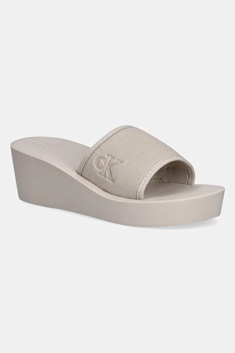 Calvin Klein Jeans papuci BEACH WEDGE SLIDE CANVAS culoarea bej, toc pana, YW0YW01725