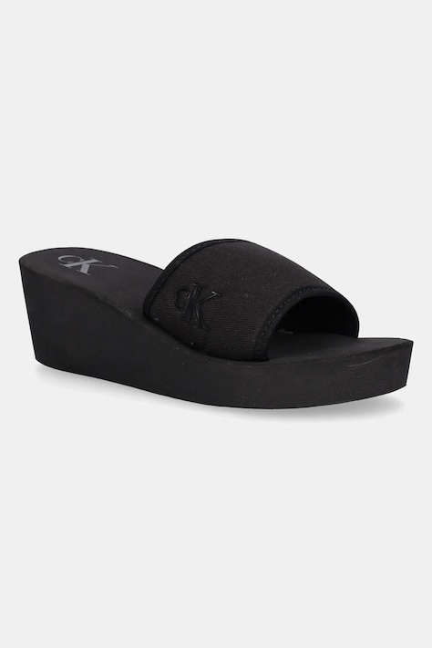 Calvin Klein Jeans papuci BEACH WEDGE SLIDE CANVAS culoarea negru, toc pana, YW0YW01725