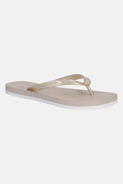 Žabky Calvin Klein Jeans THONG+ TPU METALLIC dámské, béžová barva, na plochém podpatku, YW0YW01720