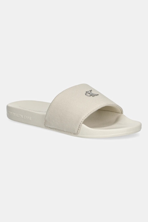 Pantofle Calvin Klein Jeans SLIDE MONOGRAM HARDWARE dámské, béžová barva, YW0YW01713