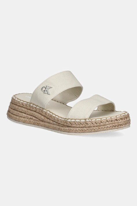 Pantofle Calvin Klein Jeans SPORTY ROPE MG LTH WEBBING dámské, béžová barva, na klínku, YW0YW01704