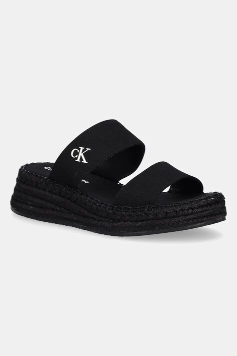 Pantofle Calvin Klein Jeans SPORTY ROPE MG LTH WEBBING dámské, černá barva, na klínku, YW0YW01704