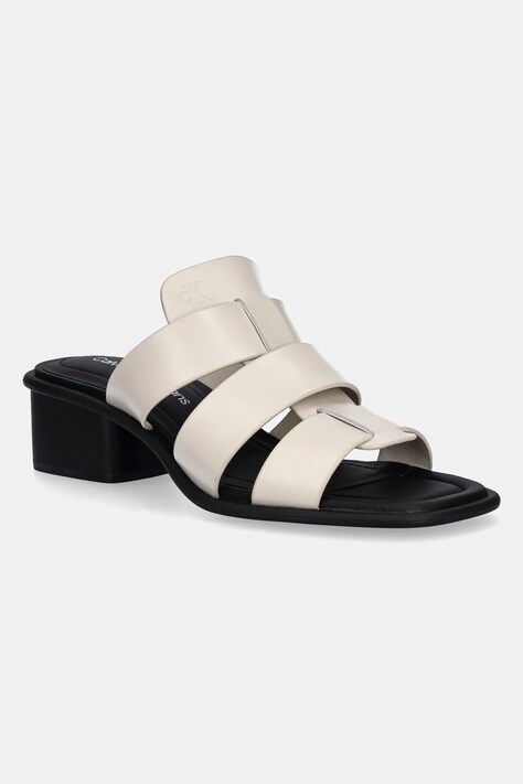 Calvin Klein Jeans papuci HEEL SQUARE MG LTH femei, culoarea bej, cu toc drept, YW0YW01702
