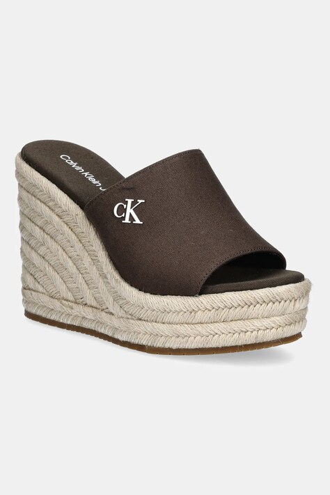 Calvin Klein Jeans papuci WEDGE ROPE SLIDE MG femei, culoarea maro, toc pana, YW0YW01699