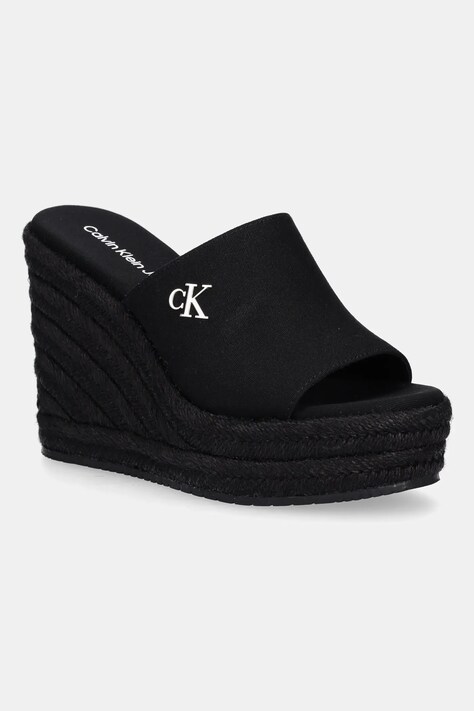 Pantofle Calvin Klein Jeans WEDGE ROPE SLIDE MG dámské, černá barva, na klínku, YW0YW01699