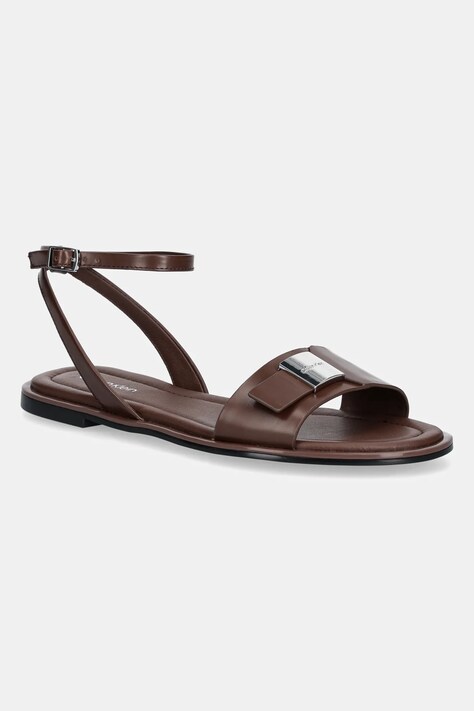 Kožené sandály Calvin Klein FLAT SANDAL W/CK HW - LTH dámské, hnědá barva, HW0HW02367
