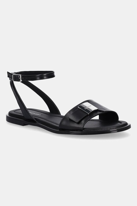 Calvin Klein sandale de piele FLAT SANDAL W/CK HW - LTH femei, culoarea negru, HW0HW02367