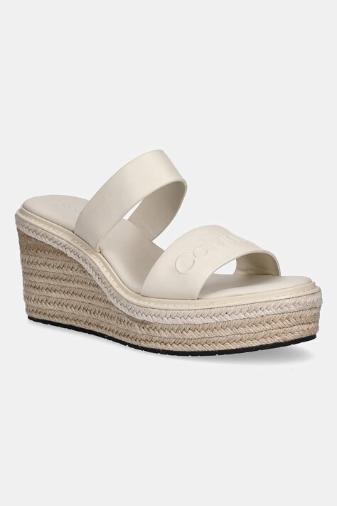 Calvin Klein slapi de piele WEDGE SANDAL 50 - HE femei, culoarea bej, toc pana, HW0HW02375