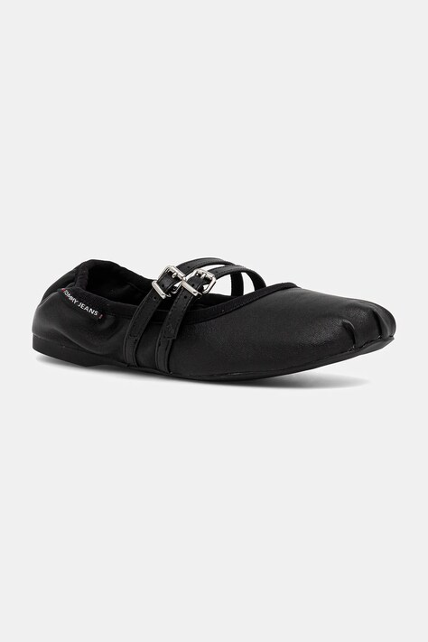 Kožené baleríny Tommy Jeans BALLERINA černá barva, EN0EN02720