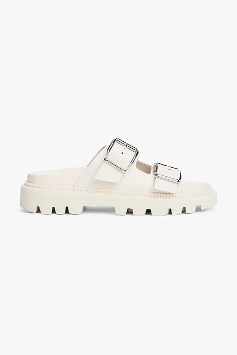 Tommy Jeans slapi de piele DOUBLE STRAP SANDAL femei, culoarea bej, cu platforma, EN0EN02753