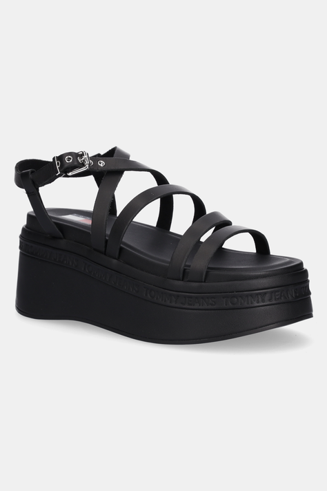 Tommy Jeans sandale de piele WEDGY STRAPPY SANDAL femei, culoarea negru, cu platforma, EN0EN02756