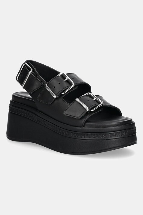 Tommy Jeans sandale de piele WEDGE SANDAL femei, culoarea negru, cu platforma, EN0EN02774