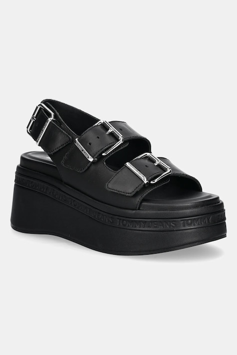 Kožené sandále Tommy Jeans WEDGE SANDAL dámske, čierna farba, na platforme, EN0EN02774
