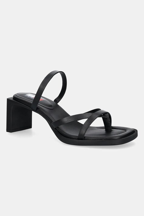 Kožené žabky Tommy Jeans THE SOHO SANDAL dámské, černá barva, na podpatku, EN0EN02781