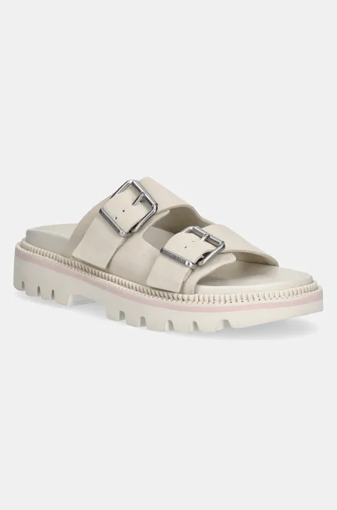 Παντόφλες σουέτ Tommy Jeans DOUBLE STRAP SANDAL SUEDE γυναικείες, χρώμα: μπεζ, EN0EN02797