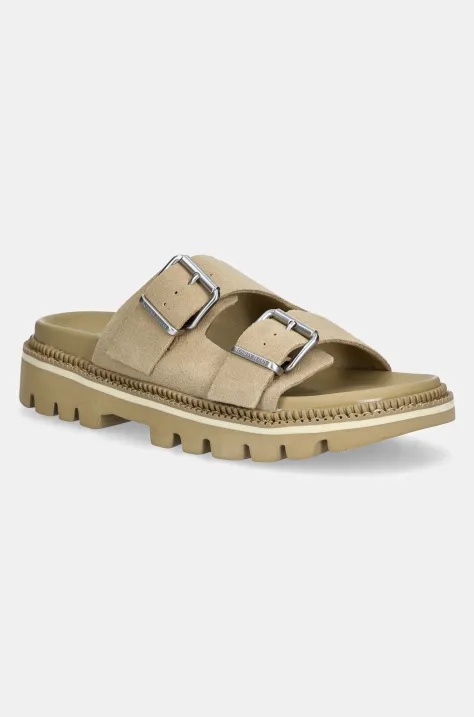 Παντόφλες σουέτ Tommy Jeans DOUBLE STRAP SANDAL SUEDE γυναικείες, χρώμα: μπεζ, EN0EN02797