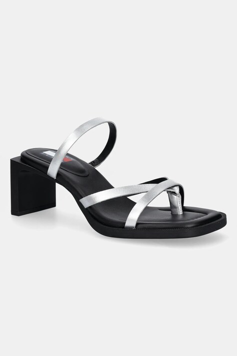 Tommy Jeans papuci de piele THE SOHO SANDAL METALLIC femei, culoarea argintiu, cu toc drept, EN0EN02801