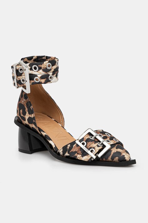 GANNI court shoes Feminine Buckle Open Cut Pump Satin Print brown color S2863