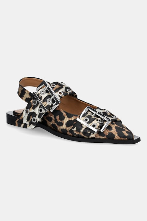 Балеринки GANNI Feminine Buckle Ballerina Satin Print в кафяво с отворена пета S2947