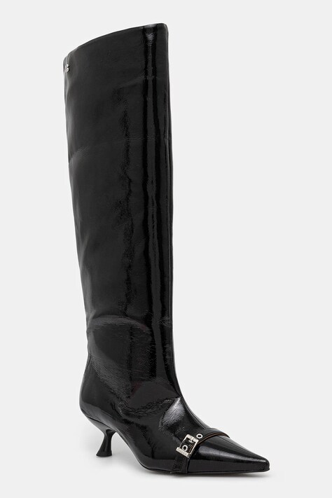 Kozačky GANNI Eyelets Slouchy High Shaft Boot Naplack dámské, černá barva, na malém podpatku, S2835