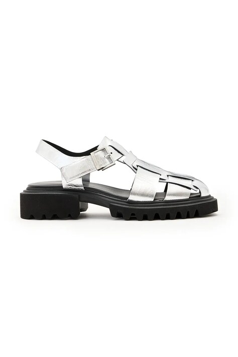 Кожаные сандалии AllSaints Tess Sandal женские цвет серебрянный каблук кирпичик W042FC