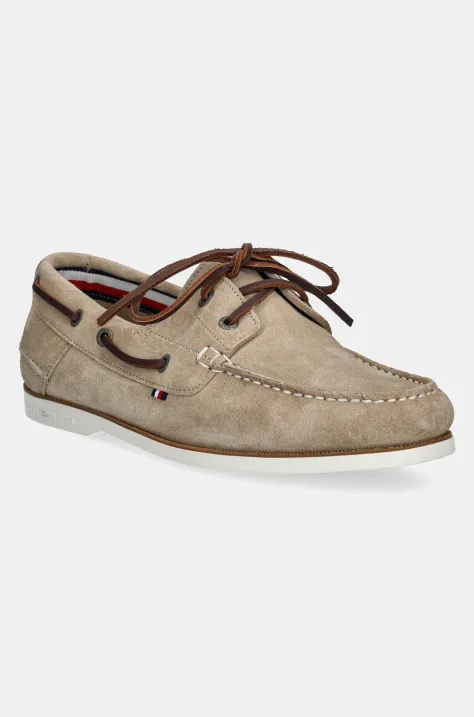 Mokasini iz semiša Tommy Hilfiger TH BOAT SHOE CORE SUEDE moški, bež barva, FM0FM05387