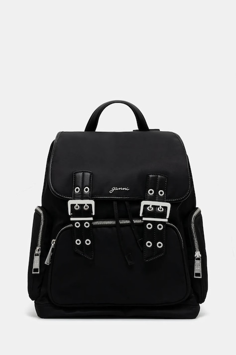 Раница GANNI Bucky Backpack Nylon дамска в черно голям размер с изчистен дизайн A6526