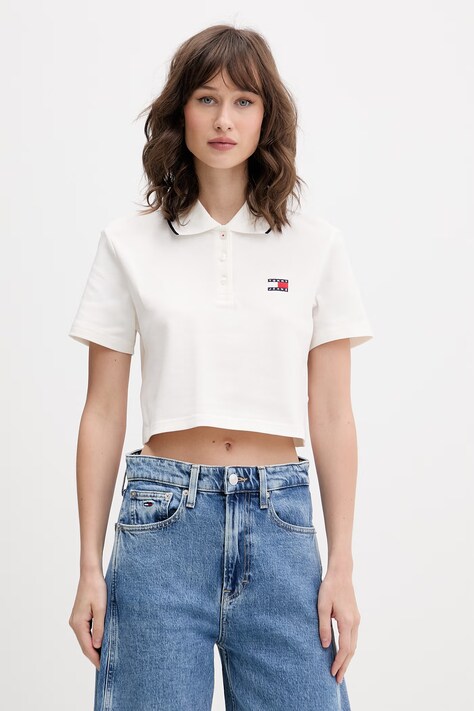 Tommy Jeans polo damskie bawełniane z elastanem beżowe DW0DW21363