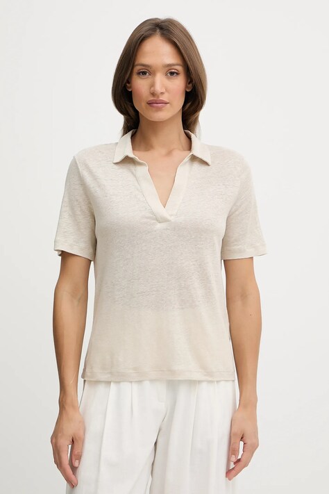 Lanena polo majica United Colors of Benetton ženski, bež barva, 37UJD300Y