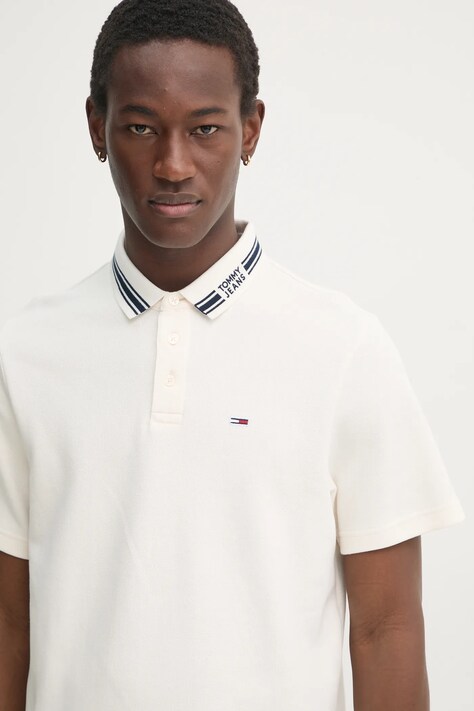 Tommy Jeans tricou polo barbati, culoarea bej, neted, DM0DM20225