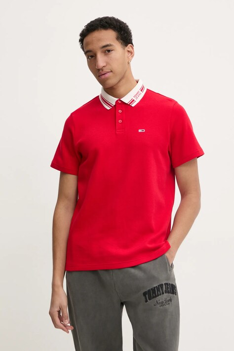 Tommy Jeans tricou polo barbati, culoarea rosu, neted, DM0DM20225