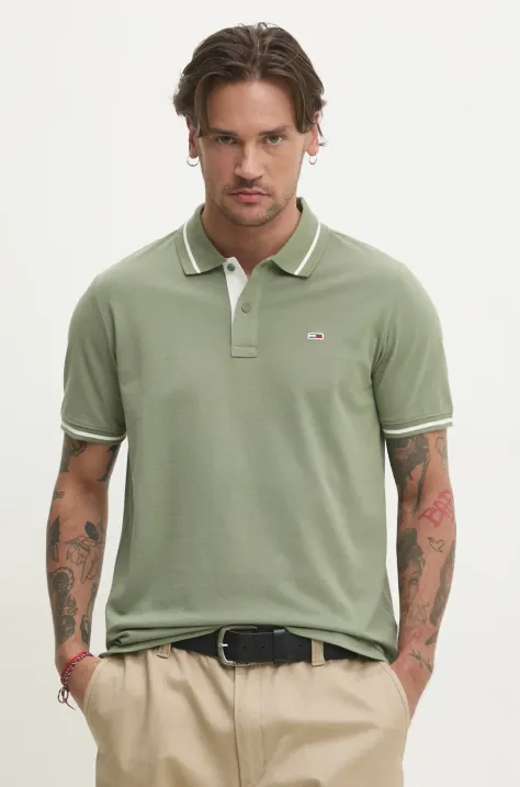 Tommy Jeans polo de bumbac culoarea verde, neted, DM0DM20745