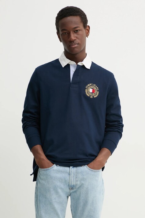 Tommy Jeans longsleeve bawełniany kolor granatowy z aplikacją DM0DM20665