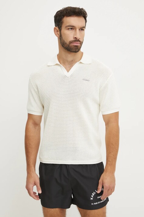 Karl Lagerfeld polo de bumbac culoarea bej, uni, A1M46068