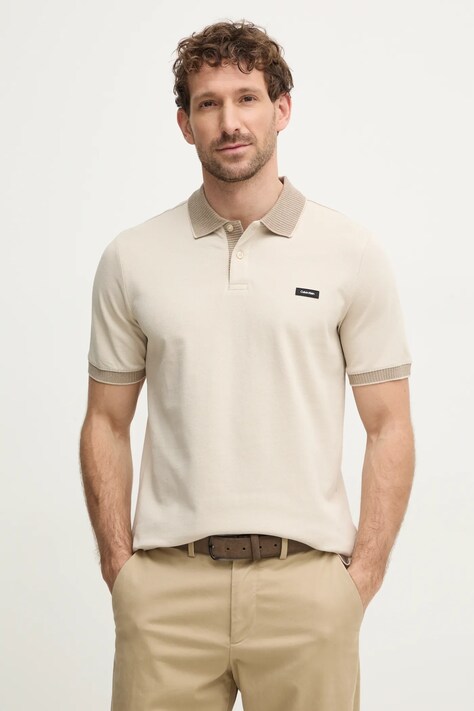 Calvin Klein tricou polo bărbați, culoarea bej, uni, K10K113832