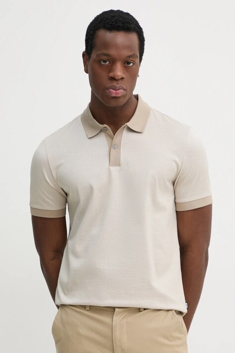 Памучна тениска с яка BOSS в бежово с десен 50532246