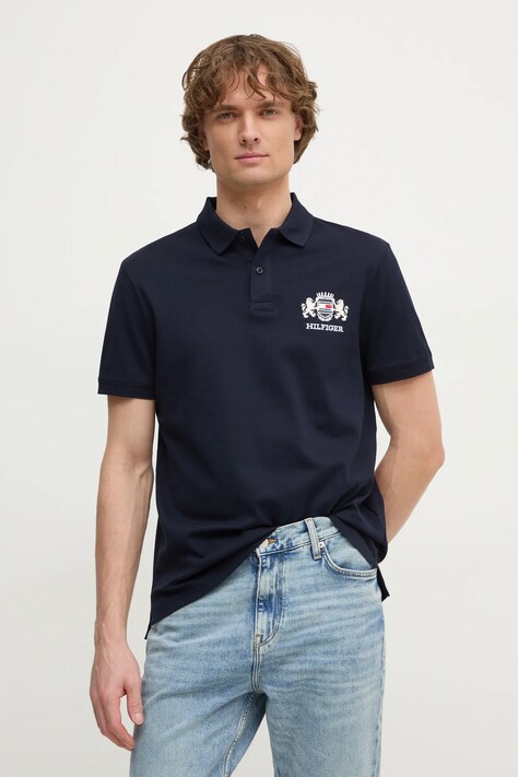 Tommy Hilfiger polo de bumbac culoarea albastru marin, cu imprimeu, MW0MW37516