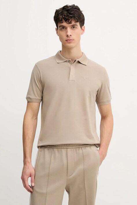 Emporio Armani polo de bumbac bărbați, culoarea bej, uni, EM000850 AF12955