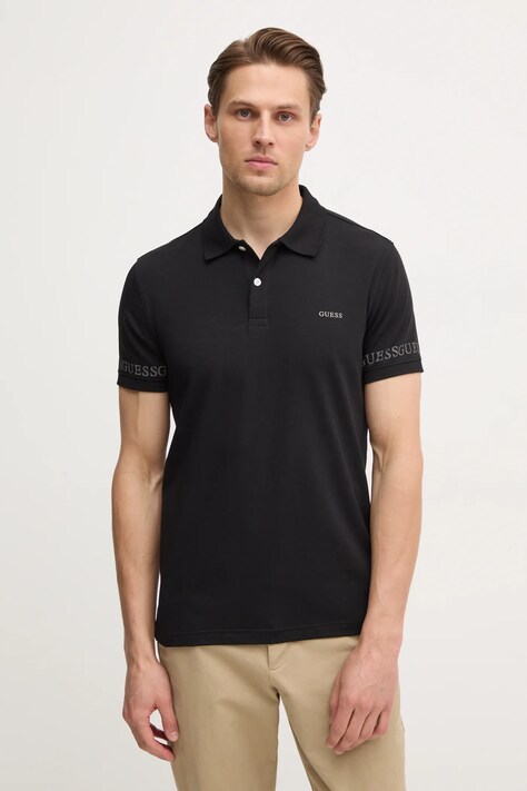 Guess tricou polo NOLAN barbati, culoarea negru, cu imprimeu, M5RP66 J1314