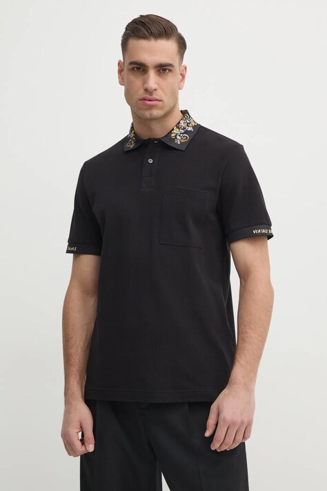 Versace Jeans Couture polo de bumbac barbati, culoarea negru, cu imprimeu, 78GAGT04 CJ01T