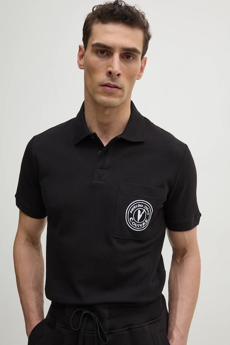 Хлопковое поло Versace Jeans Couture мужское цвет чёрный с аппликацией 78GAGT01 CJ01T