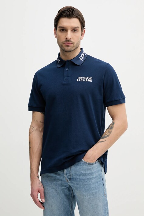 Versace Jeans Couture polo de bumbac barbati, culoarea albastru marin, cu imprimeu, 78GAGT05 CJ01T